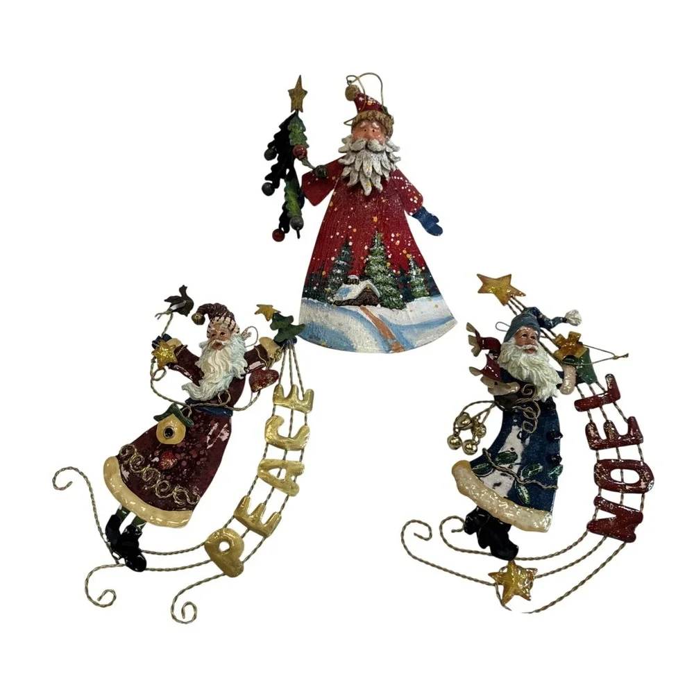 Set of 3 Vintage Style Santa Claus Christmas Ornaments Peace Noel Metal Folk Art